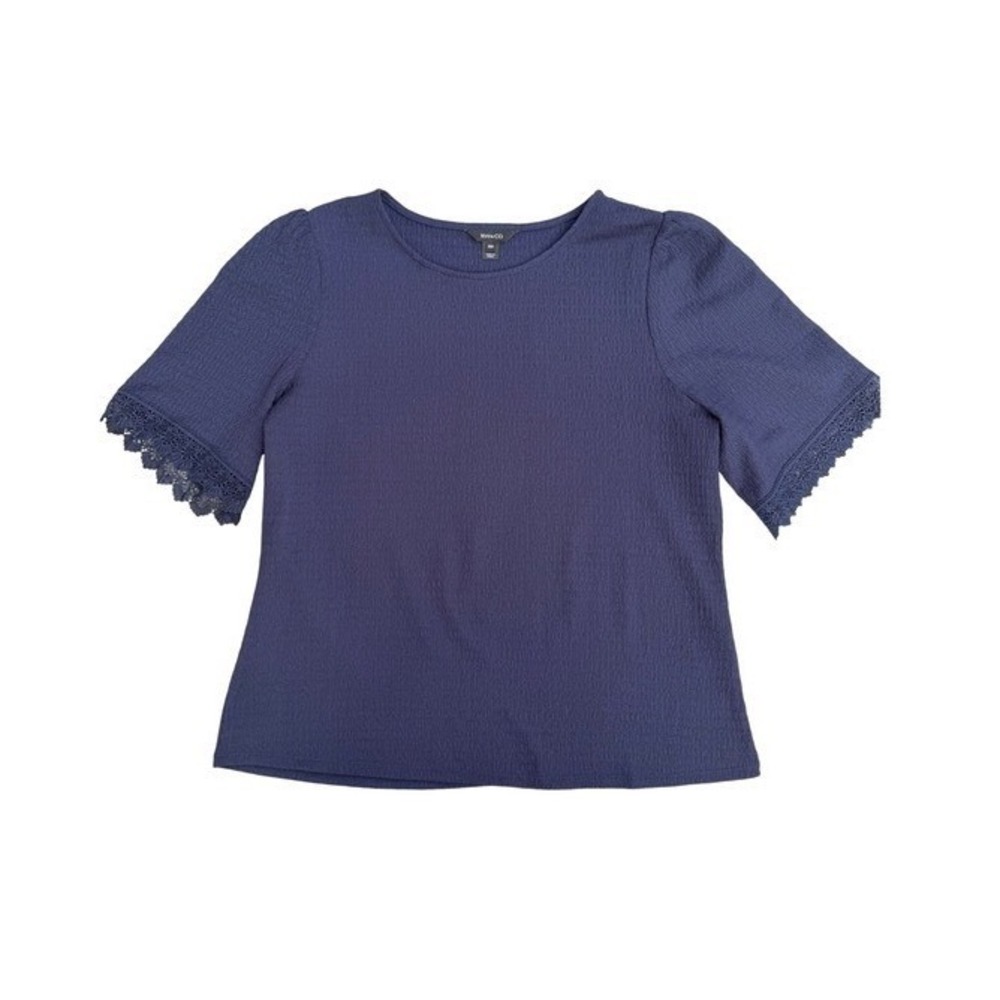 RW&CO Textured Blouse Navy Blue Lace Trim Office Siren Business Casual Size Mโ